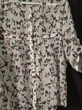 S Ming Collection by Mango Butterfly Sheer 3/4 Sleeve Blouse Top Tan Brown Mauve